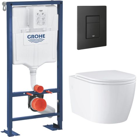 Pack bâti-support autoportant GROHE Solido + Cuvette suspendue sans bride avec abattant Start Round + Plaque commande noir mat (1/4)