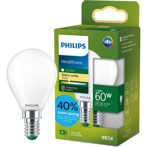 LED UltraEfficient Ampoule Dépolie P45, Petit Culot Edison E14, Classe Énergétique A, 806 lm, Équivalent 60W, Blanc Chaud (2700K), EyeComfort, 50 000 Heures, 1 Pack (1/5)