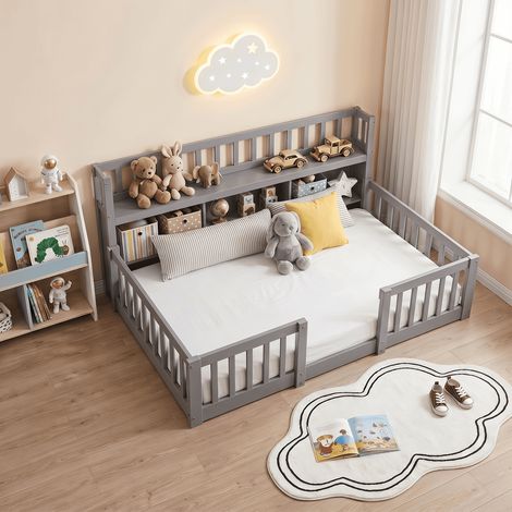 Lit enfant, Lit double au sol avec barrière de sécurité, lit Montessori en Bois Massif, Grand cadre de lit, (90 x 200 cm, Blanc) (1/5)