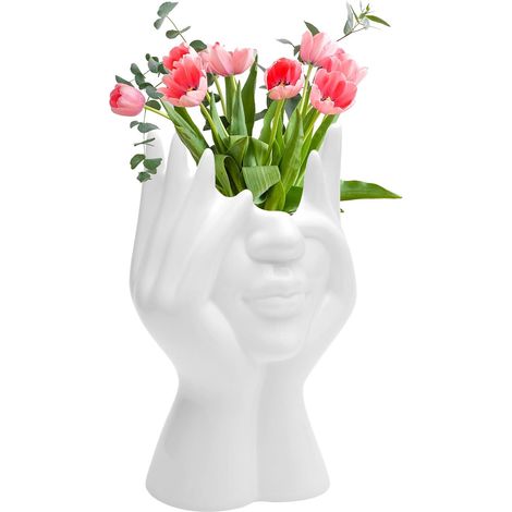 Vase de fleurs en céramique – 19 x 9 cm, design intérieur, blanc, décoratif moderne pour tulipes, table de salon et bureau (1/5)