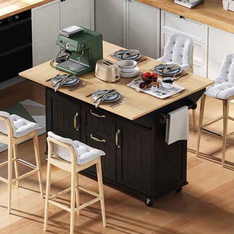 Îlot de cuisine à roulettes, tiroirs et porte-serviettes, desserte de cuisine avec multiprises, table à manger extensible, noir