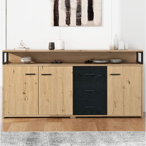 Buffet 150x35x75.9 cm noir et brun en panneaux de particules avec 3 portes, 3 tiroirs et étagères réglables (1/5)