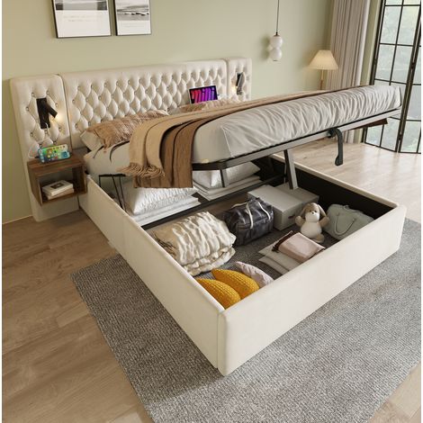 Lit coffre 180x200 beige en velours avec 2 chevets HAVRYA (1/5)