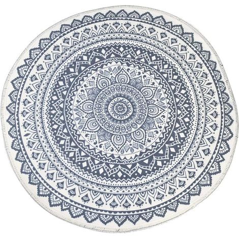 Tapis Ronde - 120 cm - Polyester Imprimé Motif Marocain Bleu - Antidérapant PVC - Pour Salon Chambre Salle De Bain - 1 Pièce (1/5)