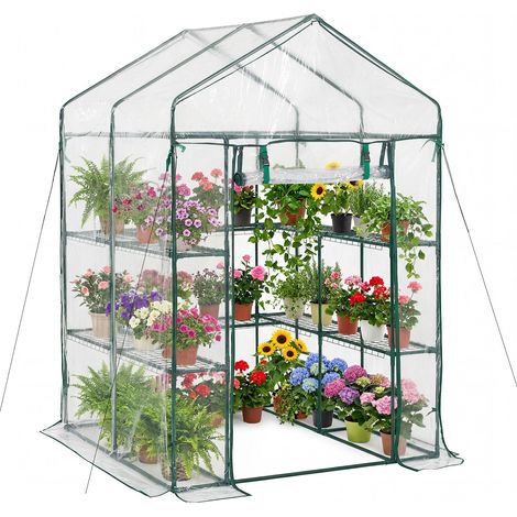 Serre de Jardin avec 10 Étagères 2 Niveaux Serre de Jardin pour Plantes et Fleurs en Pot, avec Bâche Transparente PVC, Porte Zippée Enroulable, Capacité Charge par Niveau 15 kg, 137x137x196 cm (1/5)