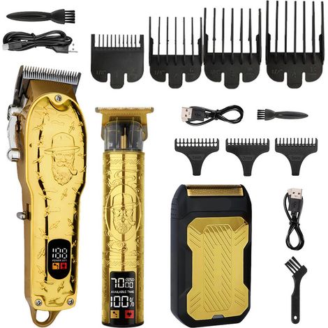 Ensemble de tondeuse à cheveux professionnelle pour hommes, rasoir électrique, tondeuse sans fil, tondeuse de barbier, tondeuse à barbe, kit de soin pour hommes (doré) (1/4)