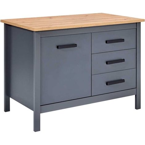 Ilot de Cuisine Anthracite et Plateau Effet Bois avec un côté 1 porte 3 tiroirs et 1 côté 2 étagères - KENNY