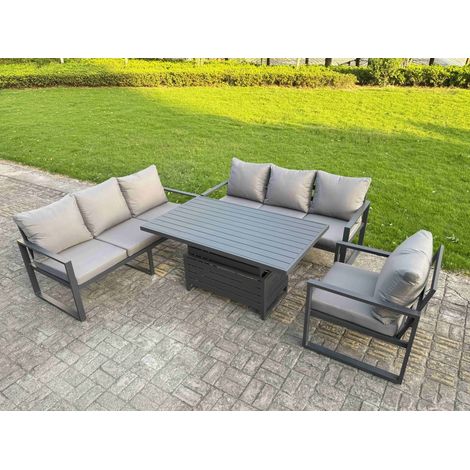 Fimous Aluminium Garden Furniture Sets,7 Seater Outdoor Sofa Dining Set with Adjustable Rising Lifting Dining Table Cushions for Yard,Poolside, Patio, Dark Grey (1/5)