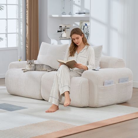Canapé modulaire velours côtelé 2 personnes emballé sous vide combinable librement porte-gobelet sac rangement latéral salon familial traditionnel (1/5)