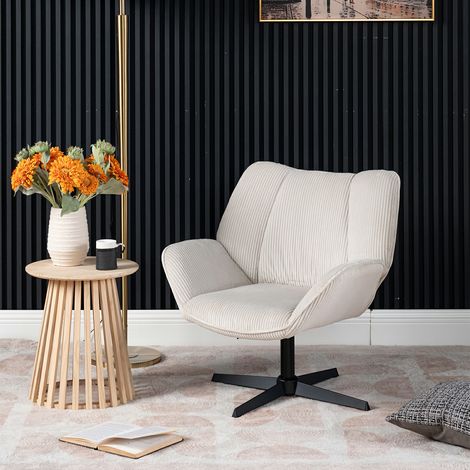 MEUBLES COSY 360° Drehstuhl für Wohnzimmer, Schlafzimmer, Büro, gekreuzte Beine, dicke Rückenlehne, Armlehne, Rollen, beigefarbener Cord