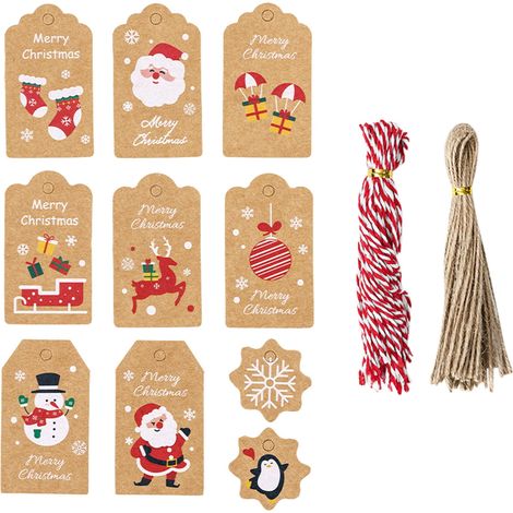 Etiquettes De Cadeau De Noël - En Papier Kraft Brut - Avec Cordes En Lin - Pour Emballage De Cadeaux Fait Maison - Lot De 100 Pièces