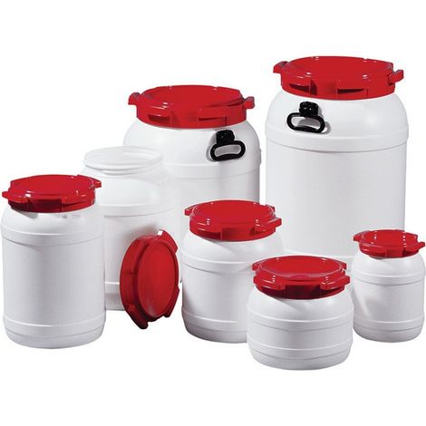 Fusto a collo largo 55,0l bianco con coperchio rosso con 2 manici Apertura di riempimento-D.282mm