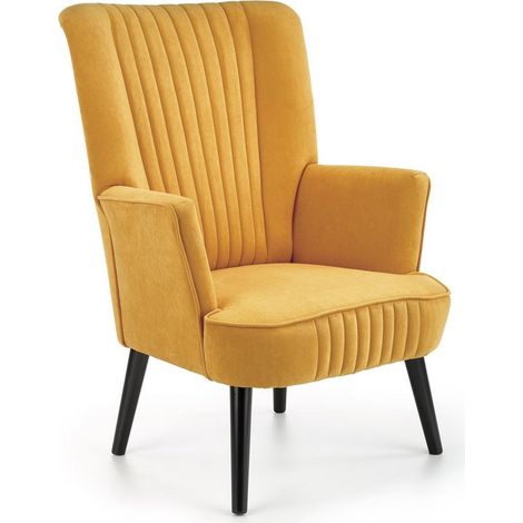 Fauteuil contemporain en velours jaune moutarde avec haut dossier et pieds noirs en bois massif CYRUS (1/5)