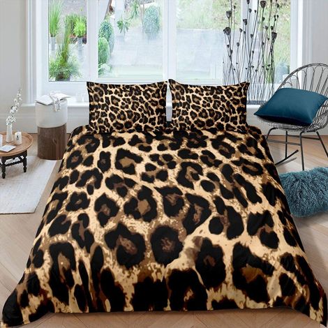 Parure de lit avec housse de couette et linge de lit motif léopard africain pour filles, garçons, enfants, motif léopard noir et marron pour lit simple (1/3)