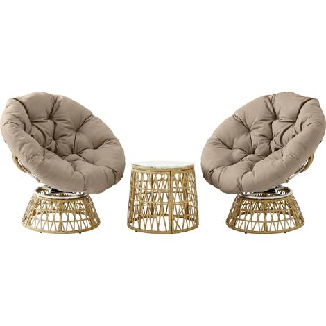Ensemble salon de jardin 3 pièces avec 2 fauteuils papasan pivotant et 1 tables basse ronde polyester résine tressée