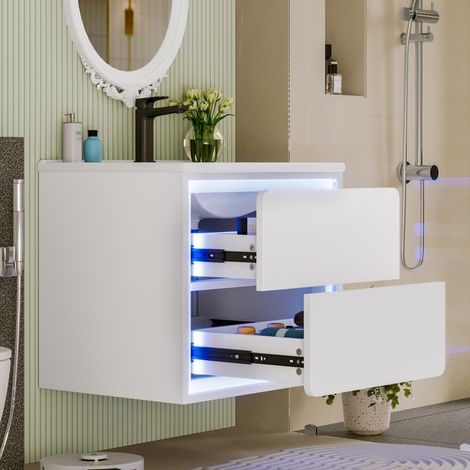 Waschbeckenunterschrank hängend modern 60x46x50 cm Weiß lackiert aus MDF mit Keramik-Waschbecken, 2 Schubladen und LED-Sensorlicht