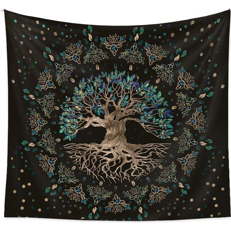 150x200cm Tapisserie noire de style arbre de vie, tapisserie décorative, tapisserie de style mandala, fond d'écran vivant (1/5)