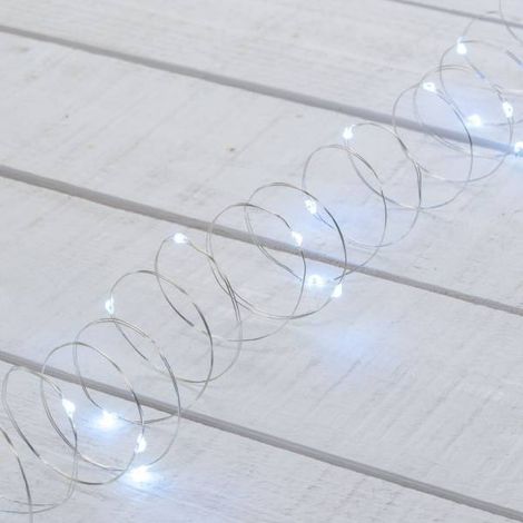 Guirlande lumineuse à piles 4m 40 Micro LED blanc froid 8 modes mémoire timer IP44 fil métal argenté Lotti