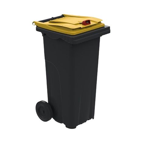 Rayonnage Direct – Conteneur poubelle 120 litres pour tri sélectif – Polyéthylène haute densité – Roues Ø 200 mm – Couvercle jaune avec serrure – 210039E (1/3)