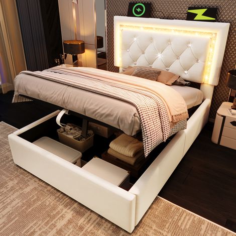Lit simple capitonné 90x200 cm en velours avec bande LED diamant à la tête de lit, station USB/Type-C, coffre hydraulique, sommier inclus, beige (sans matelas) (1/5)