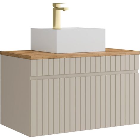 Mobile bagno sospeso scanalato beige con lavabo da appoggio quadrato e rubinetto 80 cm - SATARA