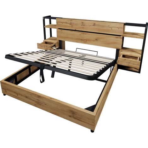 Cama doble 160x200 cm con almacenaje hidráulico, cabecero con estantes, USB y USB-C, roble (1/5)