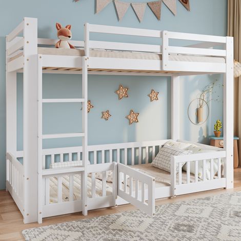 Letto a castello bambini 90x200 cm con scala, sponde di sicurezza e porta, spazio inferiore regolabile, senza materasso, bianco (1/5)