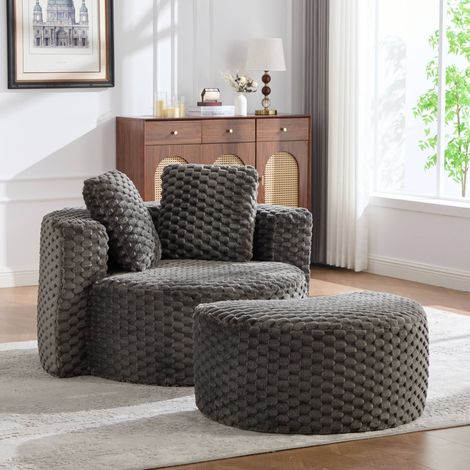 Canapé convertible 1 place sans structure rigide – Fauteuil grand en fausse fourrure moelleuse avec pouf – Aucun assemblage requis – 130 × 115 × 103 cm – Gris (1/5)