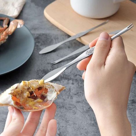 Cuillère à fruits de mer en inox - Fourchette à crabe, cuillère à crustacés, aiguille à crabe, ustensile polyvalent pour chair de crabe (1/5)