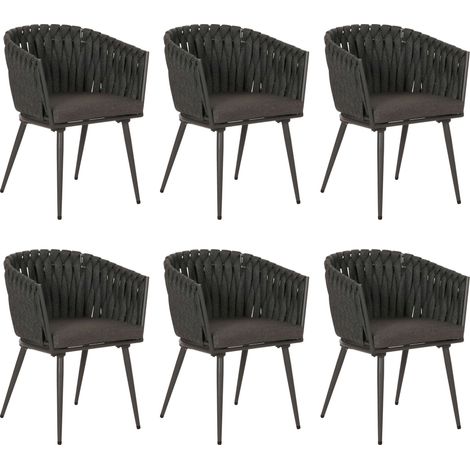 [NON UTILIZZATO] Set 6 sedie soggiorno in alluminio HHG-418, sedie salotto con braccioli, intreccio corda, antracite cuscino grigio