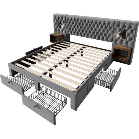 Cama con almacenaje 180x200 cm de terciopelo gris con 2 mesitas, 4 cajones y LED (1/5)