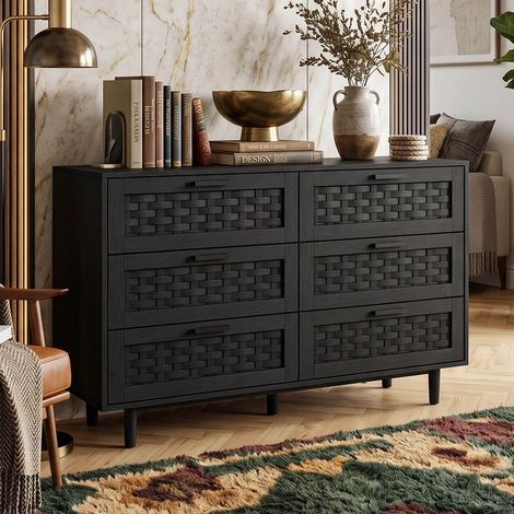 Creahappy Commode 6 Tiroirs 115x40x80 cm - Grand Espace de Rangement Chambre & Salon - Façade Tressage Rotin PVC - Noir Élégant (1/5)