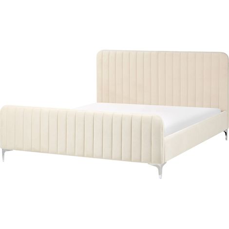 Lit Double Sommier à Lattes avec Haute Tête de Lit et Pieds en Métal 160 x 200 cm en Velours Beige Lunan (1/5)
