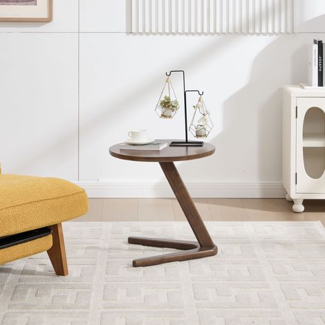 Mesa Auxiliar Redonda con Estructura en Z, Diseño de Una Pata, Estilo Minimalista, de Madera, Marrón, 50×44×50 cm
