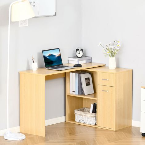 Moderner drehbarer Computertisch mit 2 Ablagen und 2 Schubladen, Esstisch aus Spanplatte, 117 x 82 x 74 cm, Eichen- und Holzoptik (1/5)