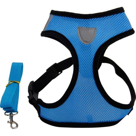 Harnais pour chien avec laisse, en tissu mesh, réglable, doux et respirant, idéal pour l'entraînement et la course en extérieur, bleu M. (1/5)