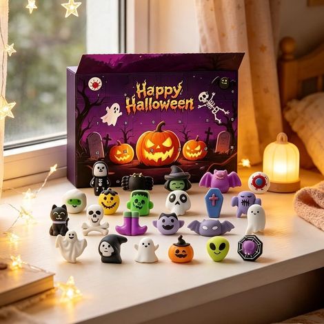 Halloween-Adventskalender mit 24 Miniatur-Ornamenten, weichen Silikonfiguren und Countdown-Timer für Büro und Partydekoration (1/5)