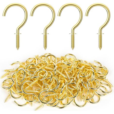 Lot de 100 crochets à vis dorés de 2,5 cm (1 pouce) en acier au carbone robuste pour suspendre plantes, lampes, ustensiles de cuisine, etc. (intérieur) (1/5)