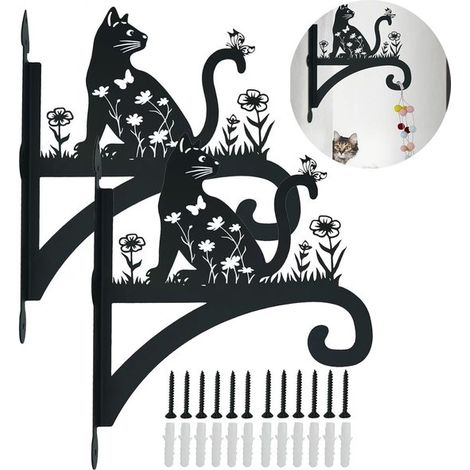 Lot de 2 crochets XL pour plantes en métal, supports de suspension en forme de chat pour pots de fleurs, lanternes et décoration de jardin, noir