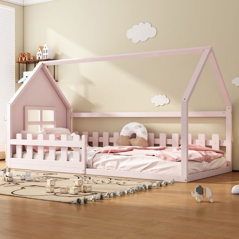Cama infantil de madera de pino y MDF rosa 90x200 cm con diseño de casita y somier de láminas