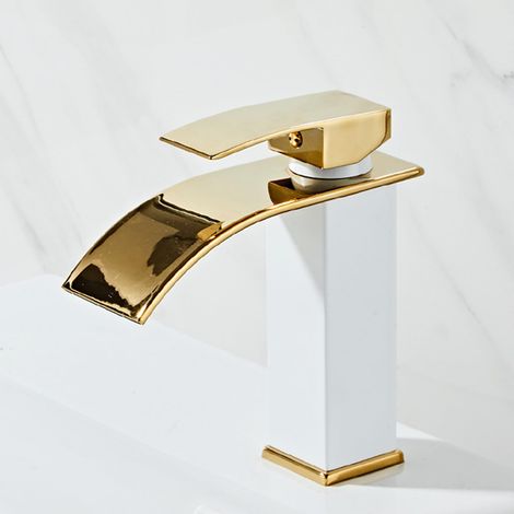 Robinet Mitigeur de Lavabo à Cascades en Acier Inoxydable Brossé Haut Monotrou, Blanc et Or Petit (1/5)