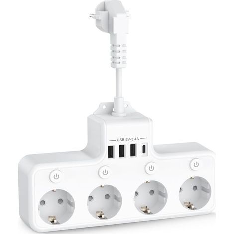 in 1 USB Power Strip 4 Outlets with 4 USB Ports Travel Charger (5V/3A, 5V/2.4A) Multi Electrical Multiple Socket 3680W 16A with 4 Individual Multiple Switch for Home, Office - White (1/5)