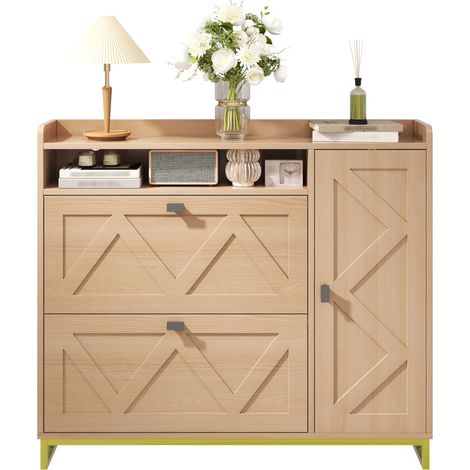 Armoire à chaussures avec couvercle dépliable. Deux couvercles dépliables au total. Compartiment supérieur ouvert. Portes de forme géométrique. Structure métallique. Armoire pour ranger les chaussures (1/5)