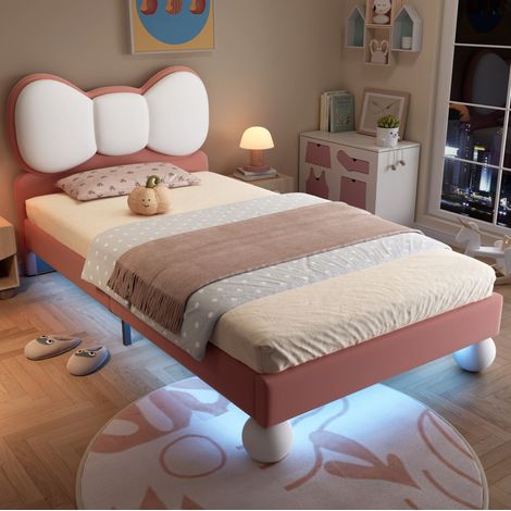 Polsterbett Samt Beige Rosa 90x200 cm, Kinderbett mit fliegenförmigem Kopfteil, LED-Lichtleiste und Lattenrost (1/5)