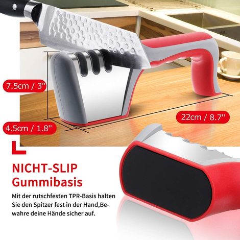 Afilador manual de cuchillos con 4 etapas: 2 de acero de tungsteno para afilado grueso y afilado de tijeras, diamante para afilado fino y cerámica especial para afilado de precisión (rojo). (1/5)