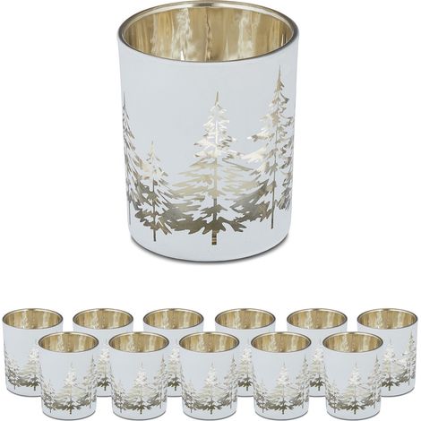 Relaxdays Verres à bougies chauffe-plat en lot de 12, avec motif sapin, photophore noël, HxD: 8,5x7 cm, blanc-or