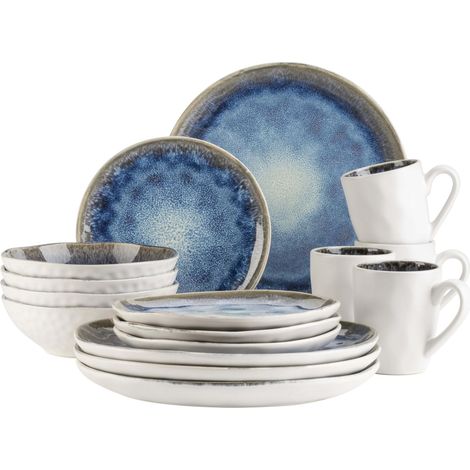 Service de table en céramique pour 4 personnes 16 pièces avec formes organiques Bleu moucheté Bleu foncé (1/5)