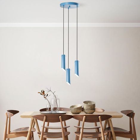 lustre bleu clair, corps en métal, 40 cm de diamètre, hauteur réglable 75-114 cm, 3 douilles E27, pour les espaces modernes, élégant et fonctionnel (1/5)