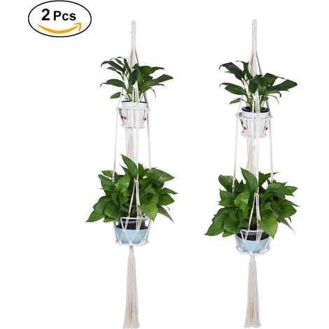 Support Plante Macramé - Double Étagère à Suspension pour Pot - Intérieur Extérieur - 2 Pièces - Longueur 104 cm - Convient Pots Jusqu'à 20 cm (1/5)