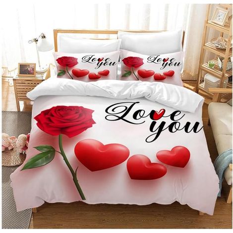 Parure de lit 3D Housse de Couette et 2 taies d'oreiller en Microfibre avec Fermeture éclair,Roses avec Amour 240x260 cm - 7XO (1/4)